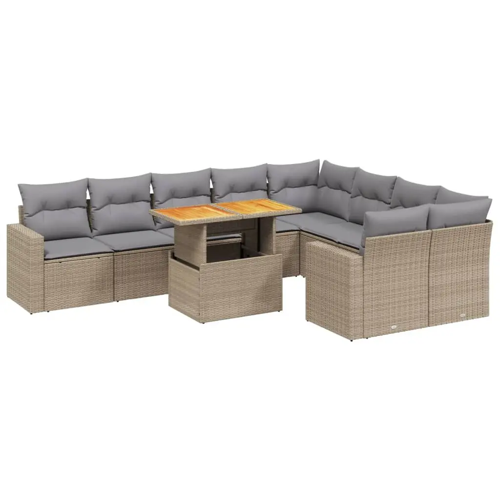 10 Piece Outdoor Garden Sofa Set with Cushions Beige Poly Rattan Patio Furniture
