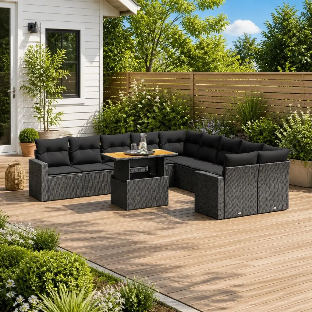 Garden Sofa Set 11 Piece Outdoor Furniture Black Poly Rattan Patio Seating