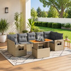Garden Sofa Set 8 Piece Outdoor Patio Furniture Beige Poly Rattan Modular