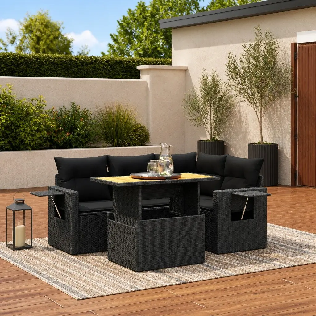 5 Piece Adjustable Patio Furniture Set Black Poly Rattan Outdoor Garden Sofa