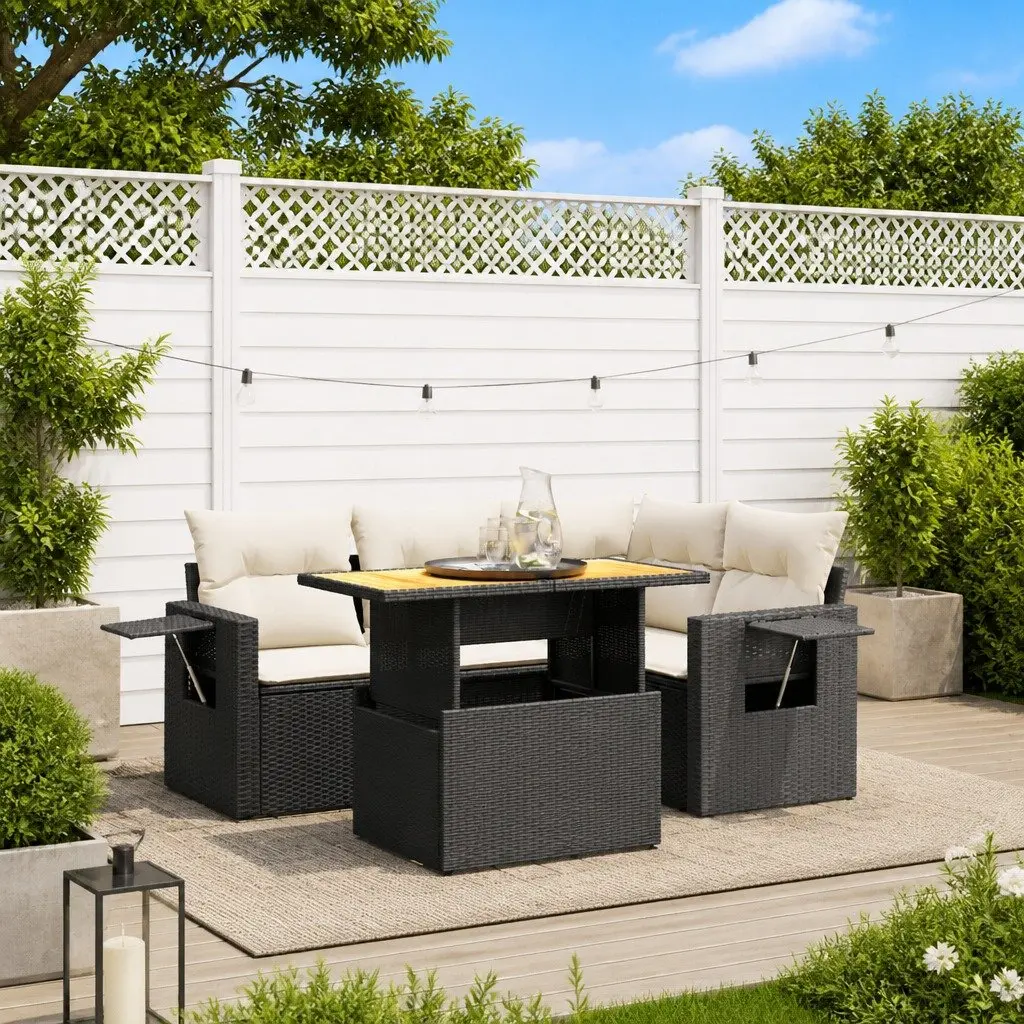 Garden Sofa Set 5 Piece Outdoor Furniture Black Poly Rattan Patio Seating with