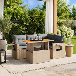 Outdoor Garden Sofa Set 5 Piece Beige Poly Rattan Patio Furniture with Cushions
