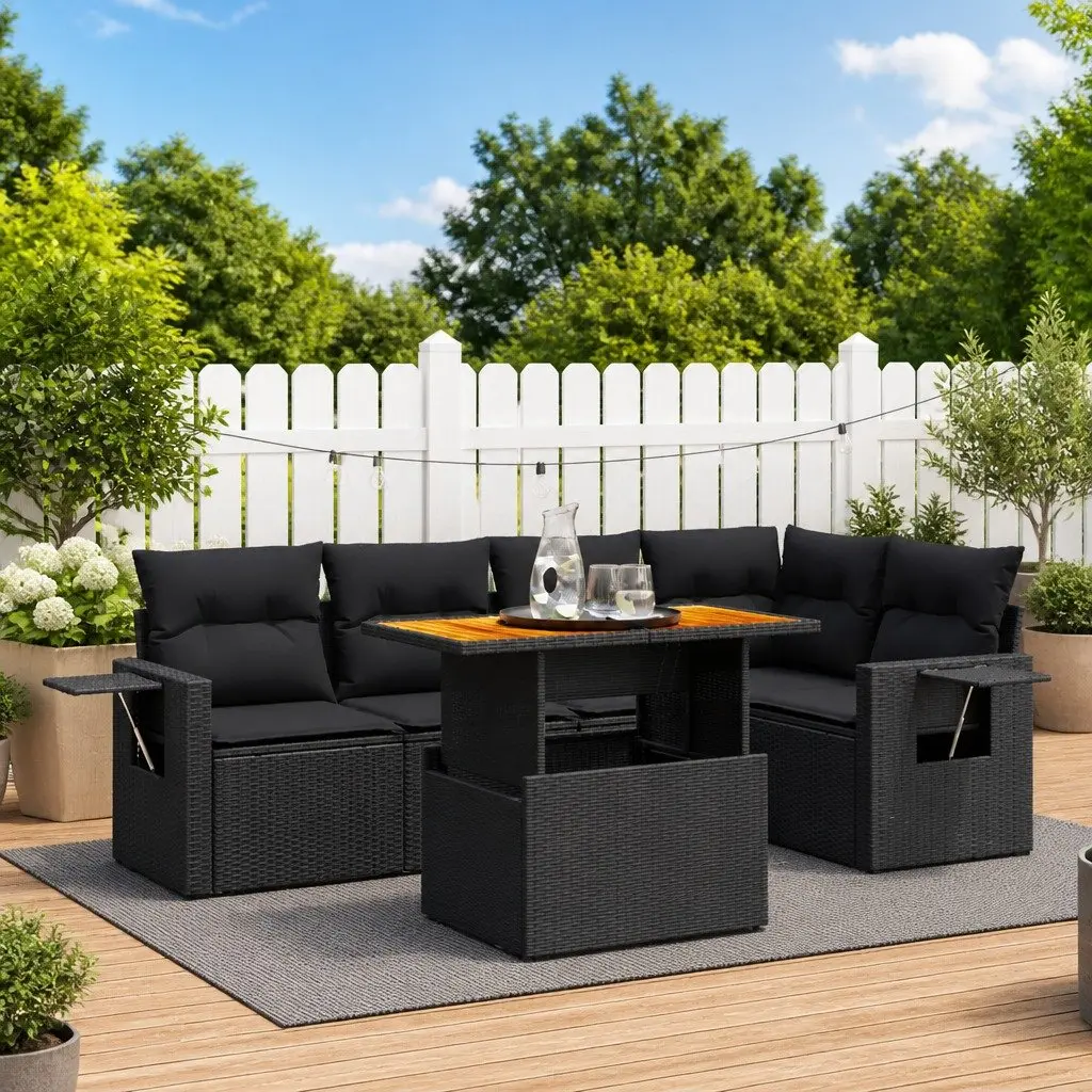 6 Piece Garden Sofa Set with Cushions Black Poly Rattan Outdoor Furniture Patio