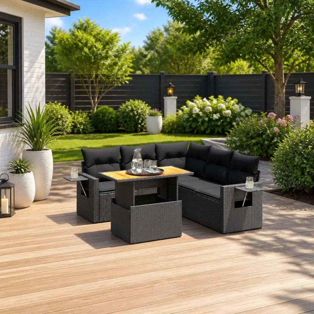 6 Piece Garden Sofa Set Black Modular Outdoor Patio Furniture with Adjustable Table and Foldable Side Table