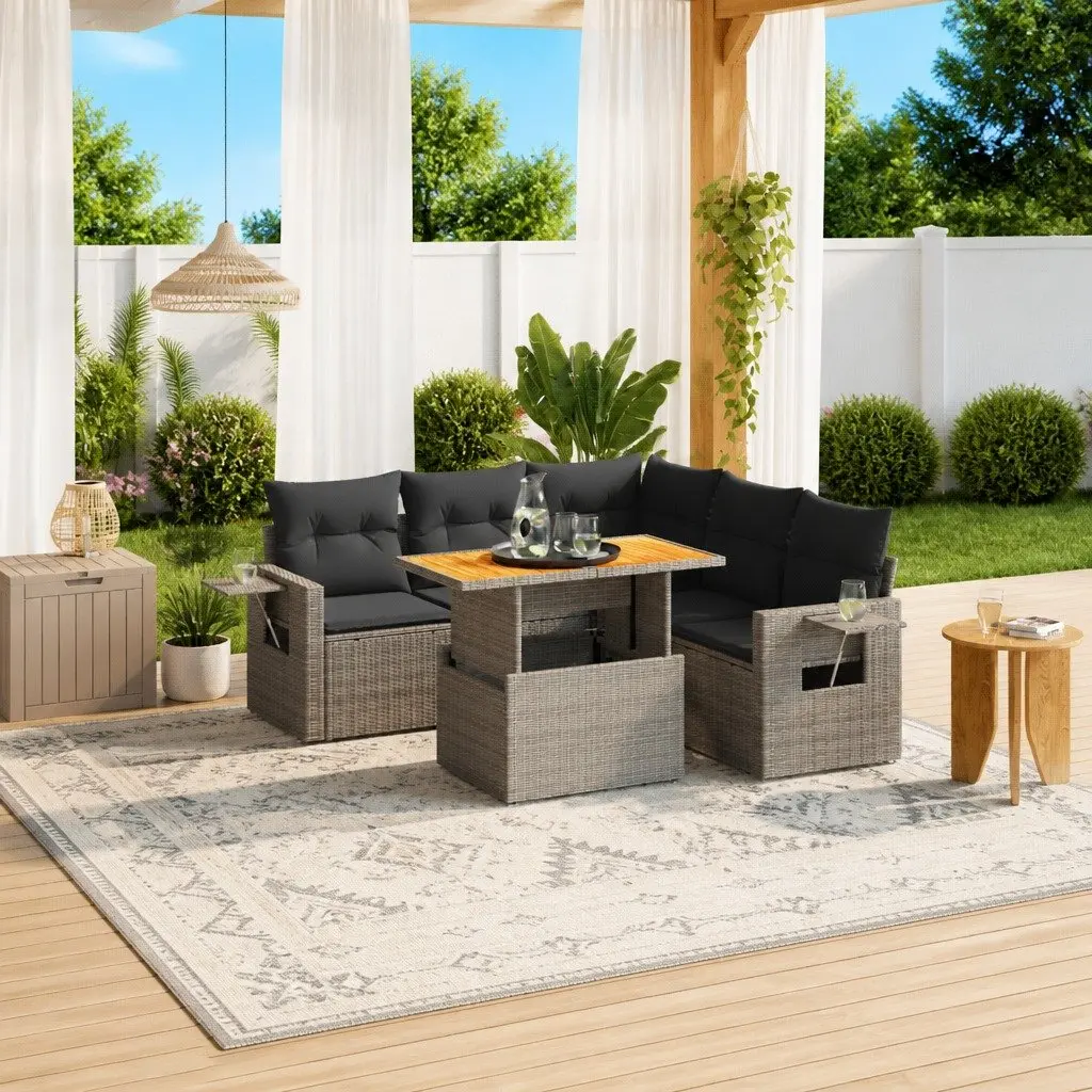Garden Sofa Set Grey 6 Piece Modular Outdoor Furniture Durable Weather Resistant Poly Rattan
