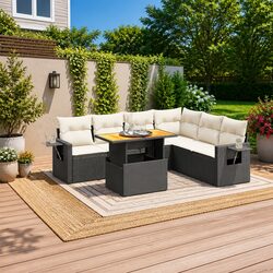 Concise 7 Piece Black Rattan Garden Sofa Set