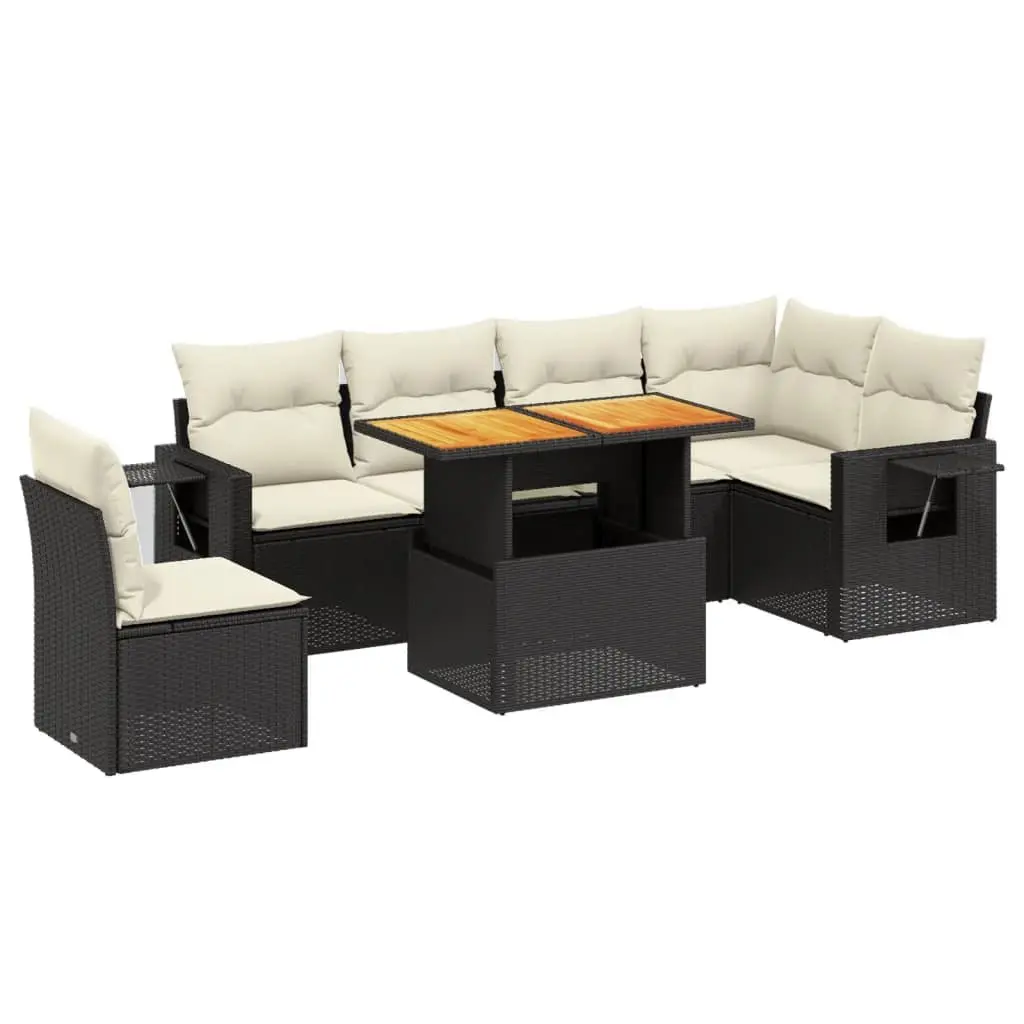 7 Piece Outdoor Modular Sofa Set with Adjustable Dining Table Black Weather-Resistant PE Rattan