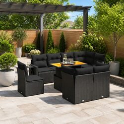 9 Piece Black Poly Rattan Sofa Set