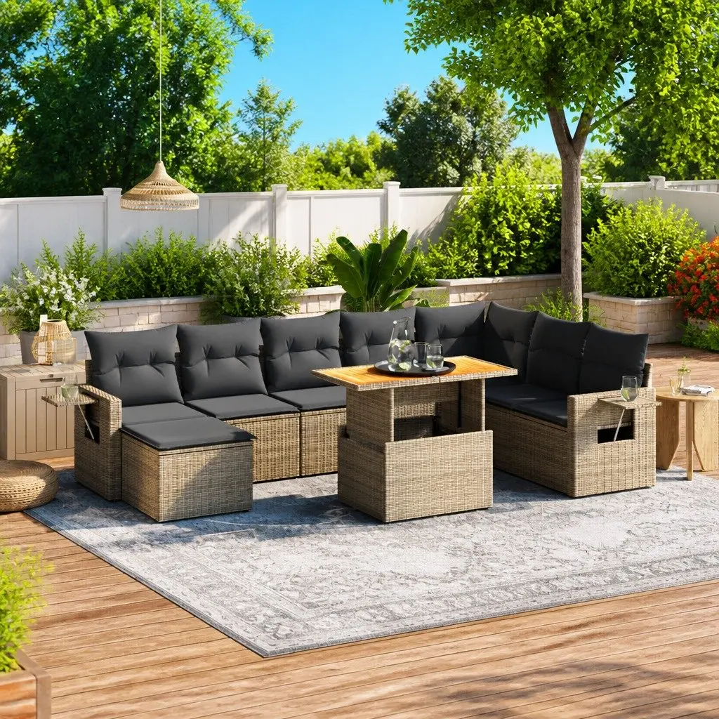 9 Piece Outdoor Garden Sofa Set Grey Poly Rattan Patio Furniture with Cushions