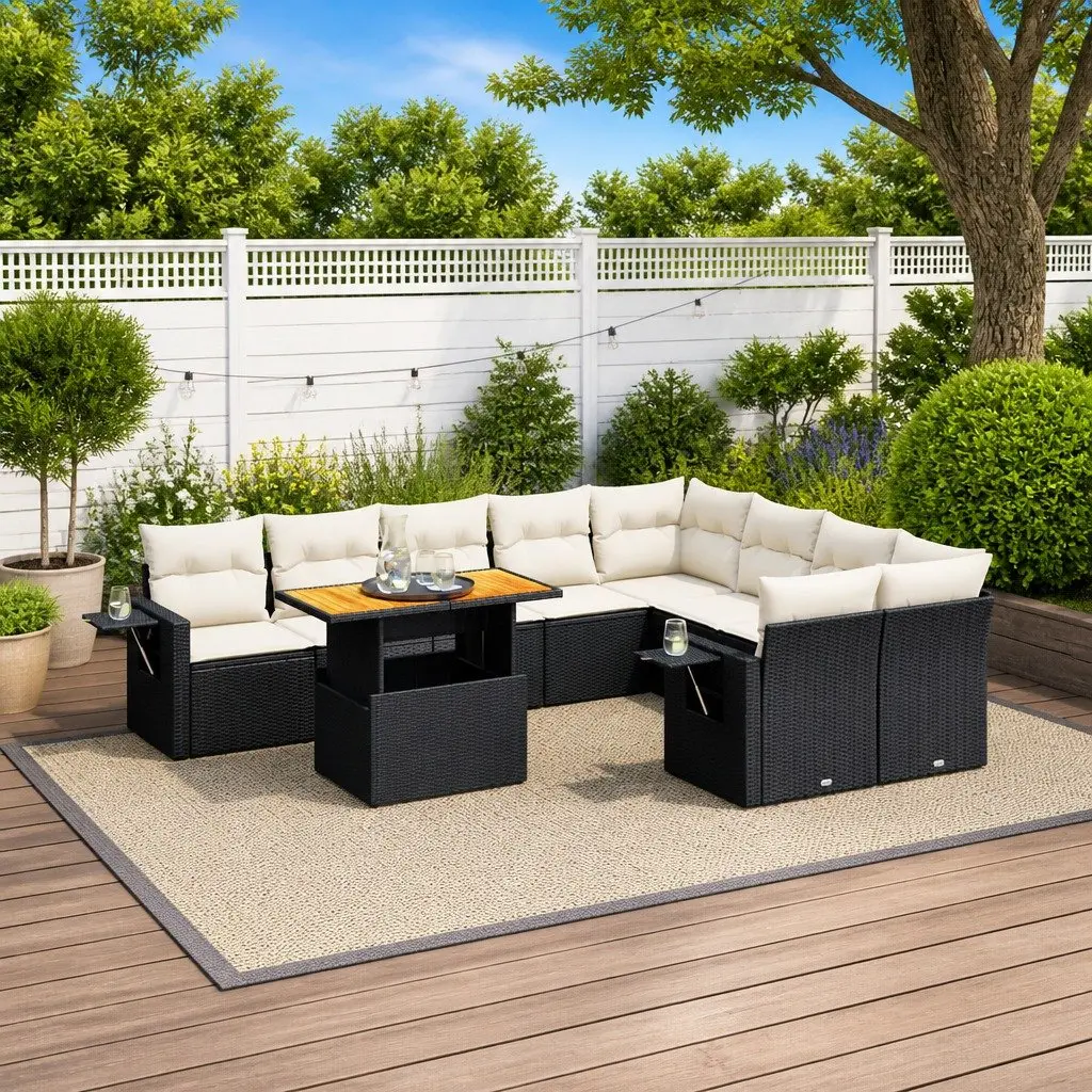 Garden Sofa Set 10 Piece Outdoor Furniture Black Poly Rattan Patio Lounge with