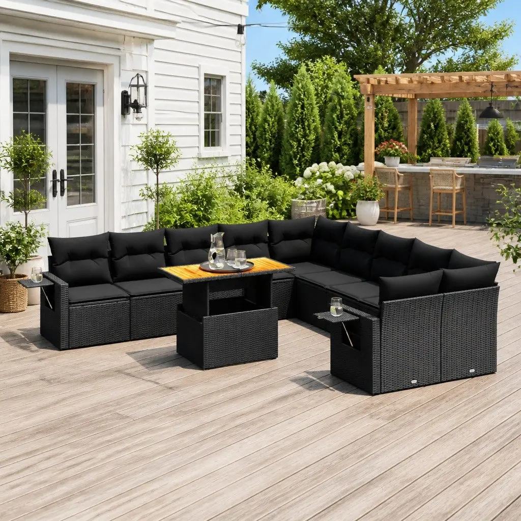 Black Modular Outdoor Sofa Set 11 Piece with Cushions Adjustable Table and Foldable Side Table for Patio and Garden
