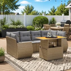Outdoor Garden Sofa Set 7 Piece Patio Furniture with Cushions Beige Rattan