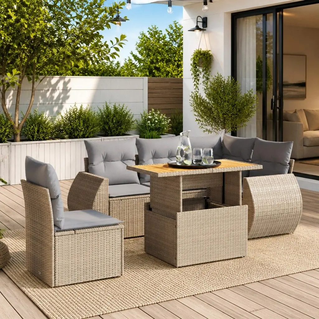 6 Piece Garden Sofa Set with Cushions Beige Poly Rattan Outdoor Furniture Patio