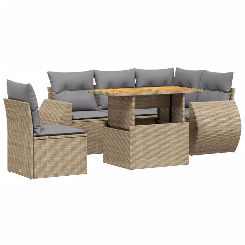 6 Piece Garden Sofa Set with Cushions Beige Poly Rattan Outdoor Furniture Patio