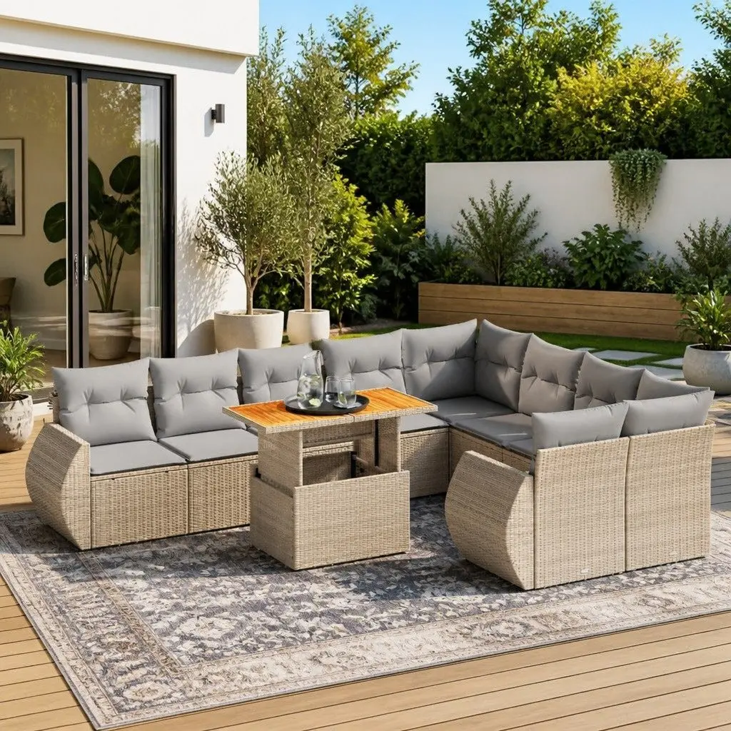 Garden Sofa Set 10 Piece Outdoor Furniture with Cushions Beige Poly Rattan