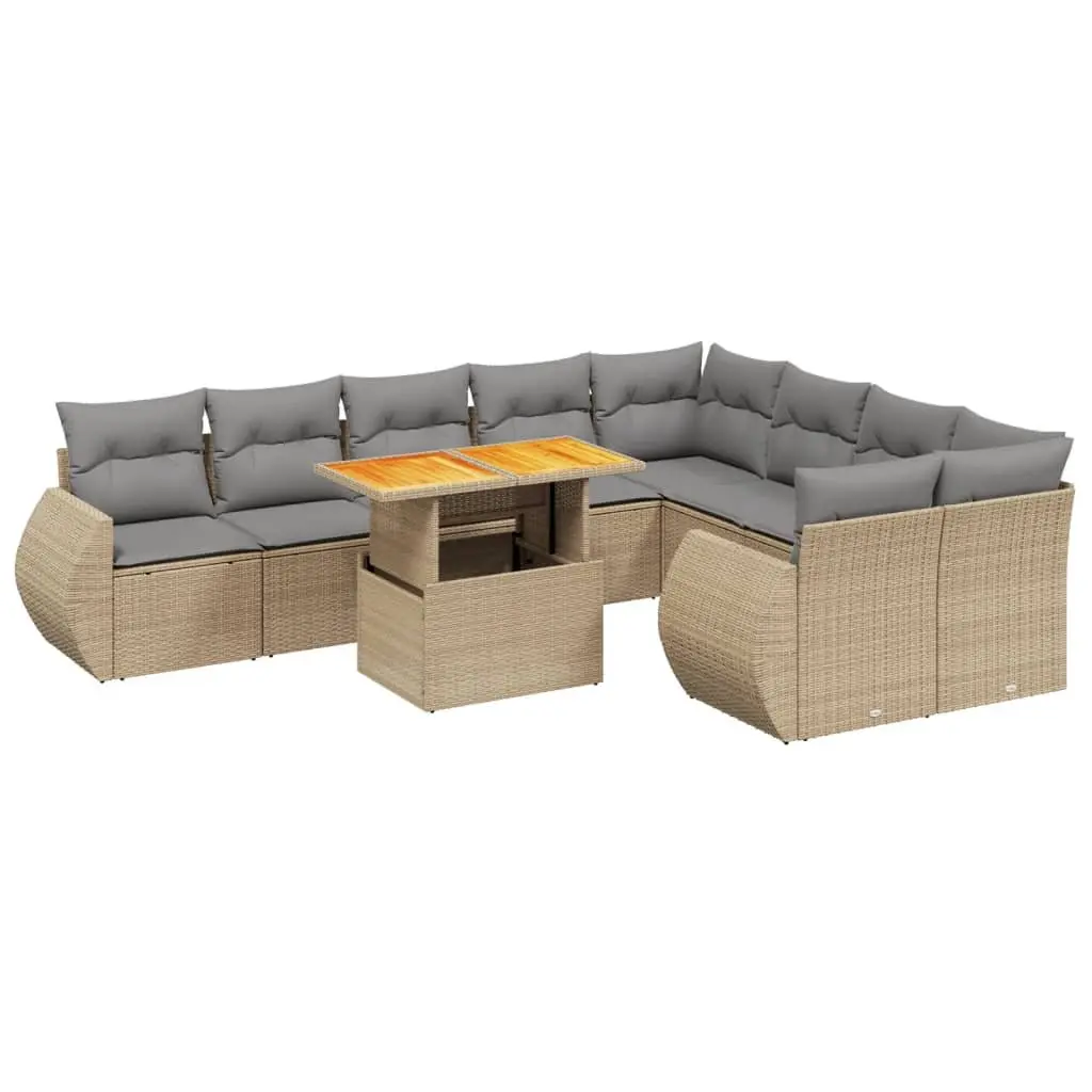 Garden Sofa Set 10 Piece Outdoor Furniture with Cushions Beige Poly Rattan