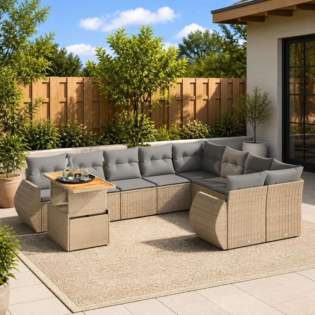 Garden Sofa Set 10 Piece Outdoor Furniture Beige Poly Rattan with Cushions Patio