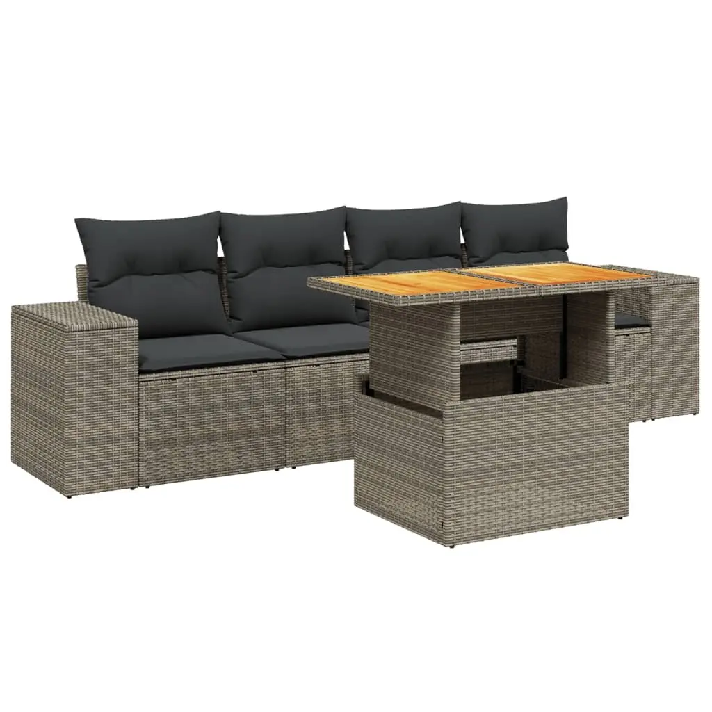 5 Piece Garden Sofa Set Grey Poly Rattan Outdoor Furniture with Cushions
