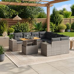 Garden Sofa Set 9 Piece Outdoor Furniture Grey Poly Rattan Patio with Cushions