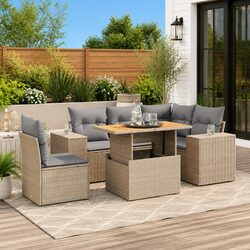 Garden Sofa Set 6 Piece Outdoor Furniture Beige Rattan Patio with Cushions