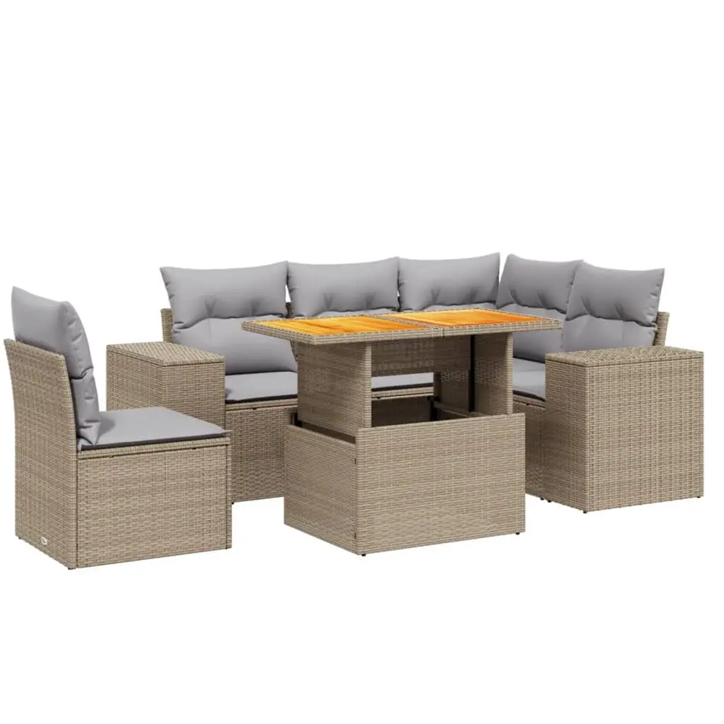 Garden Sofa Set 6 Piece Outdoor Furniture Beige Rattan Patio with Cushions