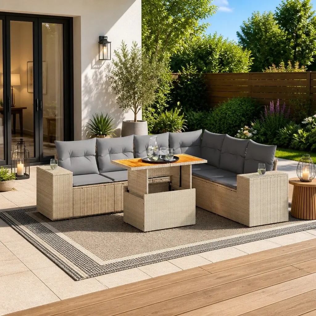 Garden Sofa Set Beige 7 Piece Modular Outdoor Furniture with Adjustable Table
