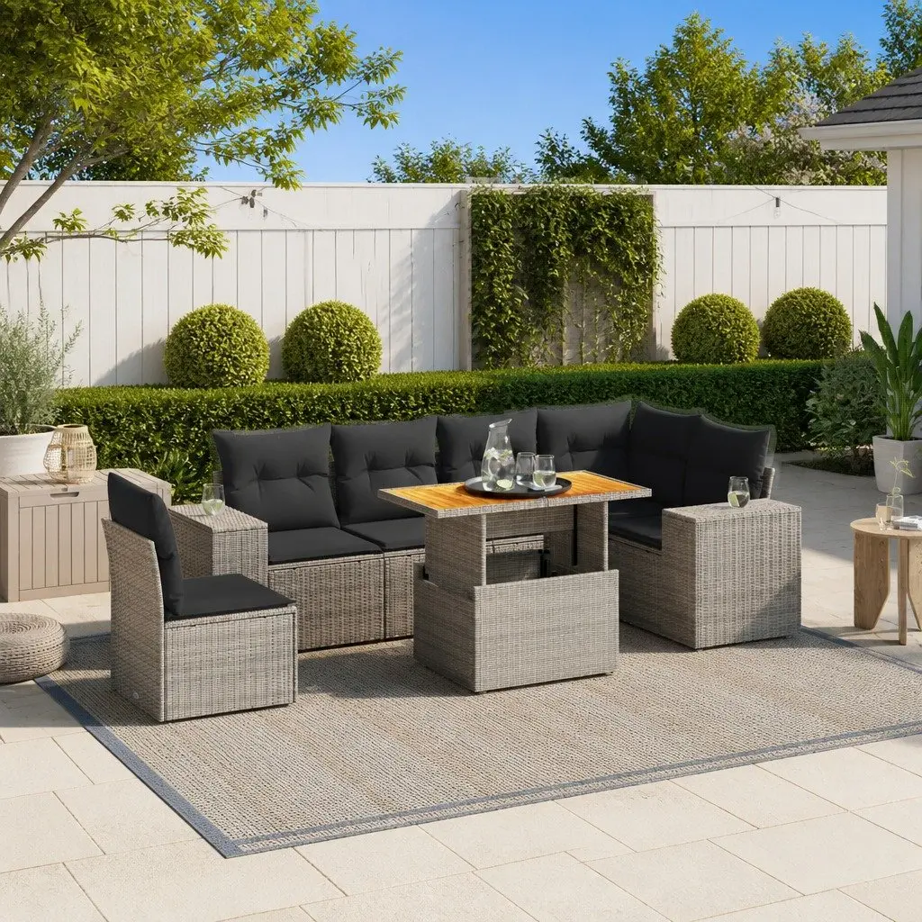 Garden Sofa Set Grey 7 Piece Modular Outdoor Furniture PE Rattan Adjustable Table