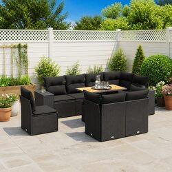 9 Piece Garden Sofa Set Outdoor Furniture Black Poly Rattan with Cushions Patio