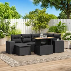 Garden Sofa Set 7 Piece Outdoor Furniture Black Poly Rattan with Cushions Patio