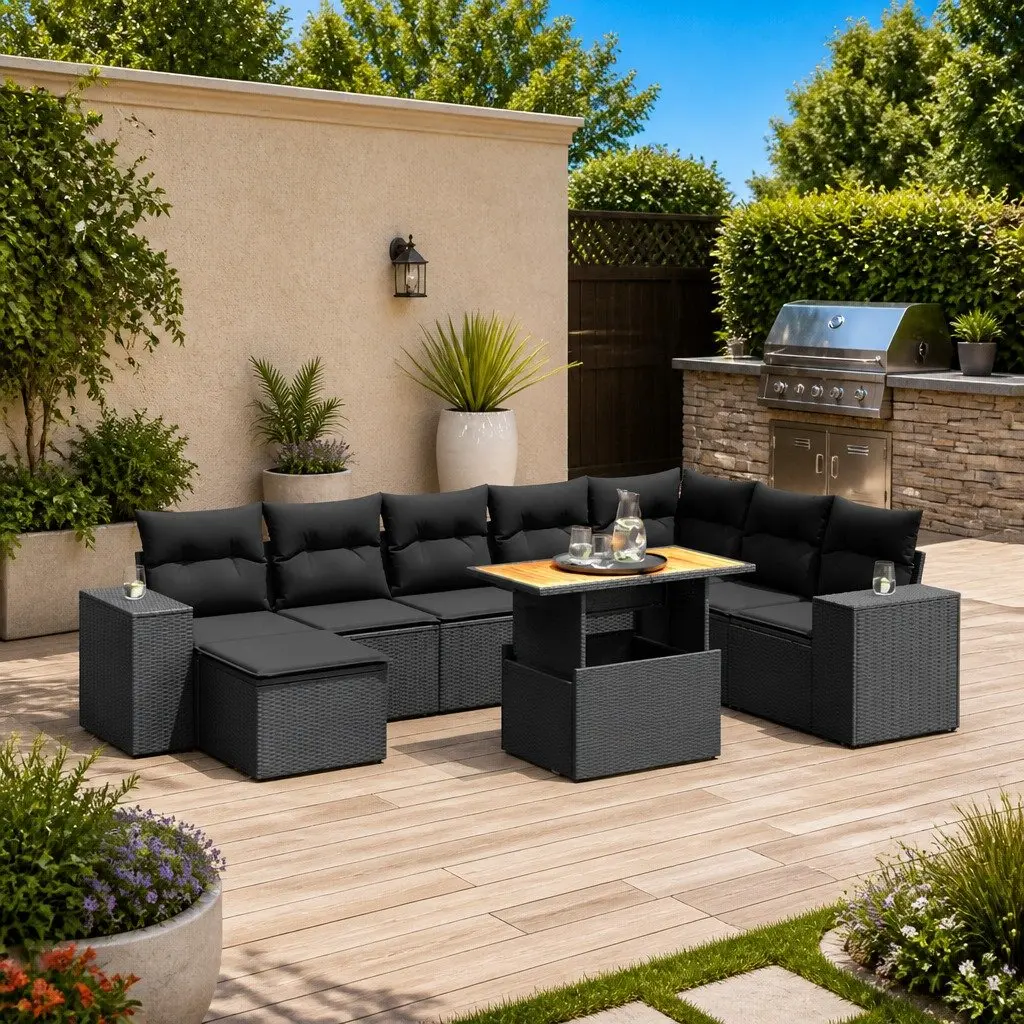 9 Piece Garden Sofa Set Black PE Rattan Cushions Adjustable Table Outdoor Patio Furniture