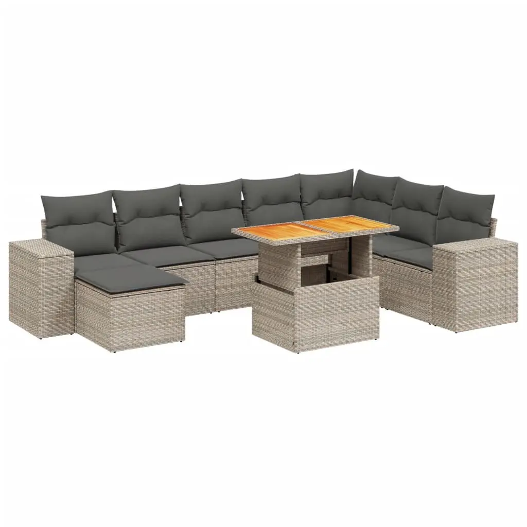 Garden Sofa Set Grey 9 Piece Modular Rattan Outdoor Furniture with Adjustable Table and Thick Cushions