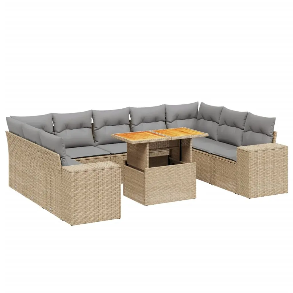 Garden Sofa Set 10 Piece Outdoor Furniture with Cushions Beige Poly Rattan