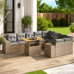 Garden Sofa Set 10 Piece Outdoor Furniture with Cushions Beige Poly Rattan Patio