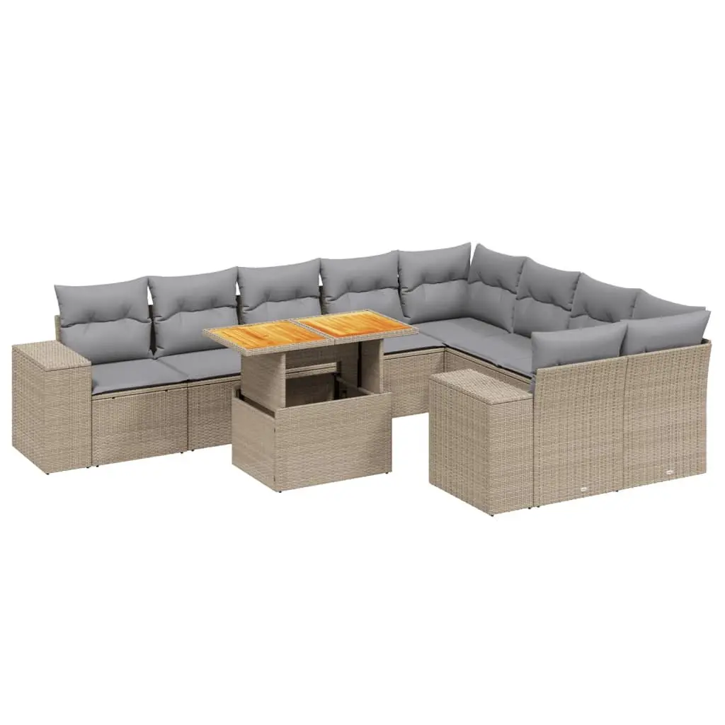 Garden Sofa Set 10 Piece Outdoor Furniture with Cushions Beige Poly Rattan Patio