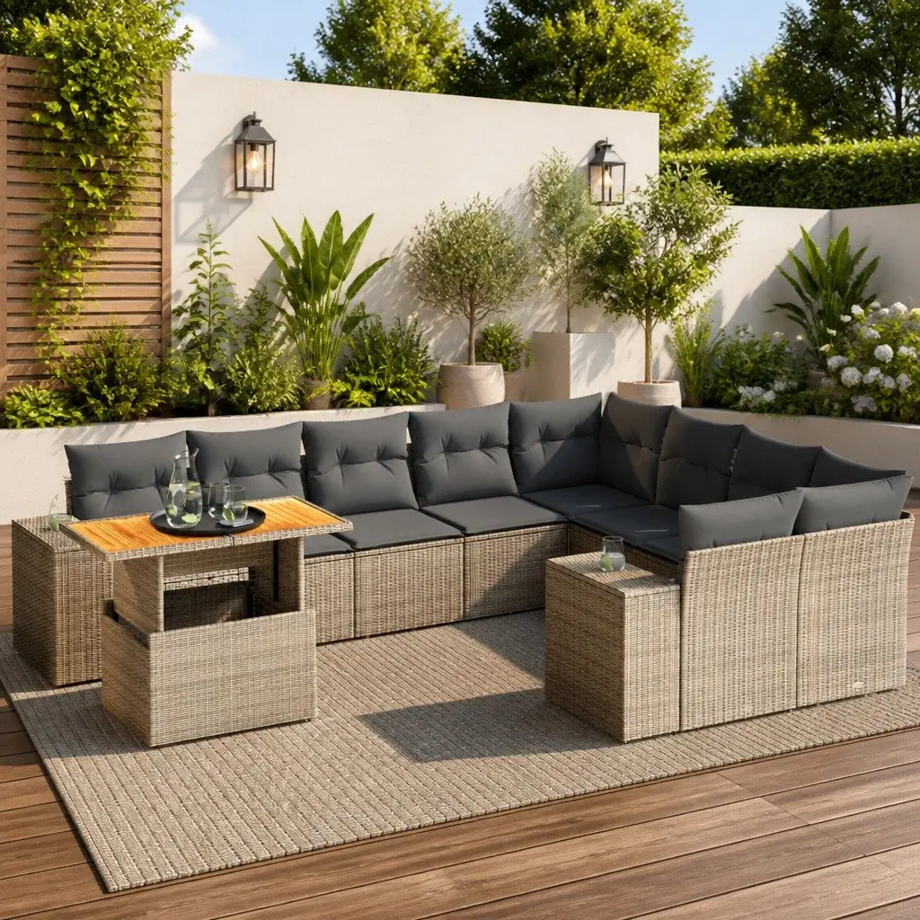 Garden Sofa Set Grey 10 Piece Outdoor Furniture Poly Rattan with Cushions
