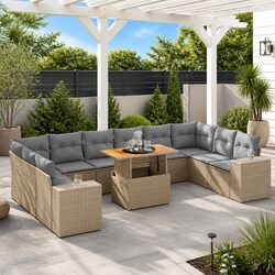 Garden Sofa Set 11 Piece Outdoor Furniture Beige Poly Rattan Modular Patio