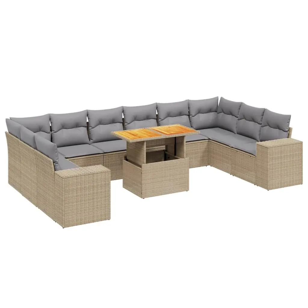 Garden Sofa Set Beige 11 Piece Modular Outdoor Furniture PE Rattan with Cushions
