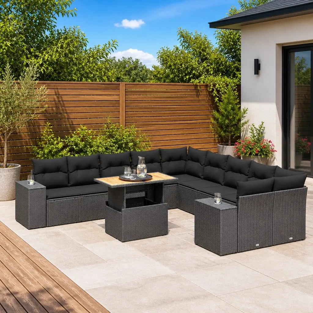 Garden Sofa Set 11 Piece Outdoor Furniture Black Poly Rattan Modular Patio