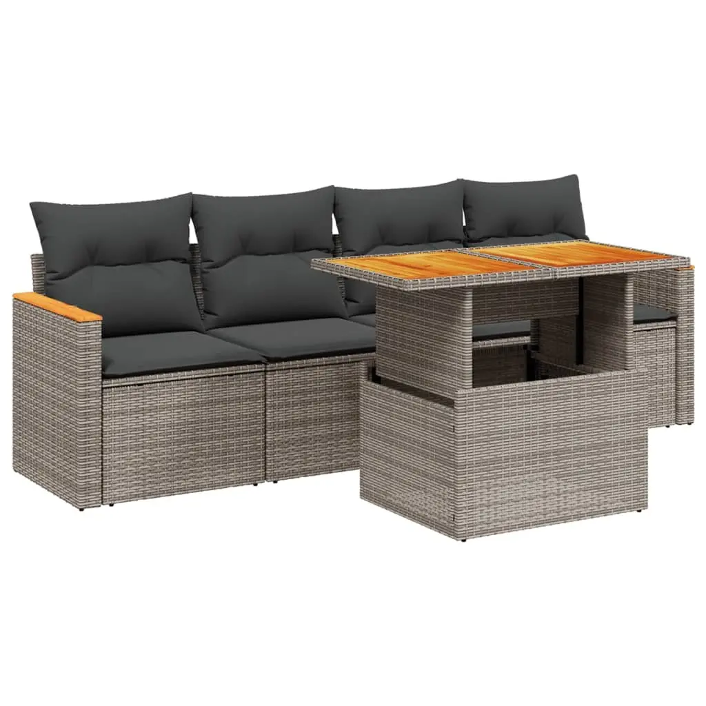 5 Piece Garden Sofa Set Outdoor Furniture Grey Poly Rattan with Cushions Patio