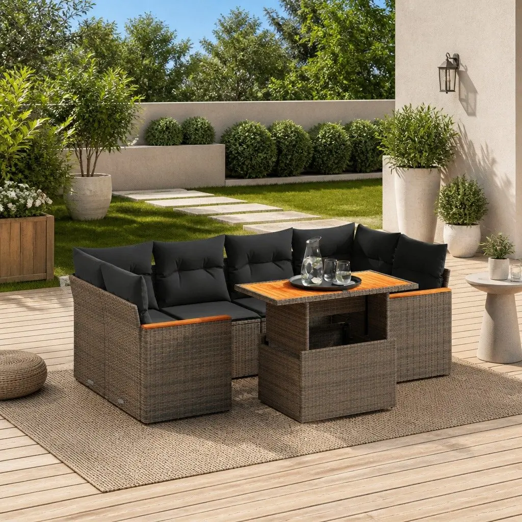 7 Piece Garden Sofa Set Grey Adjustable Dining Table Poly Rattan Outdoor