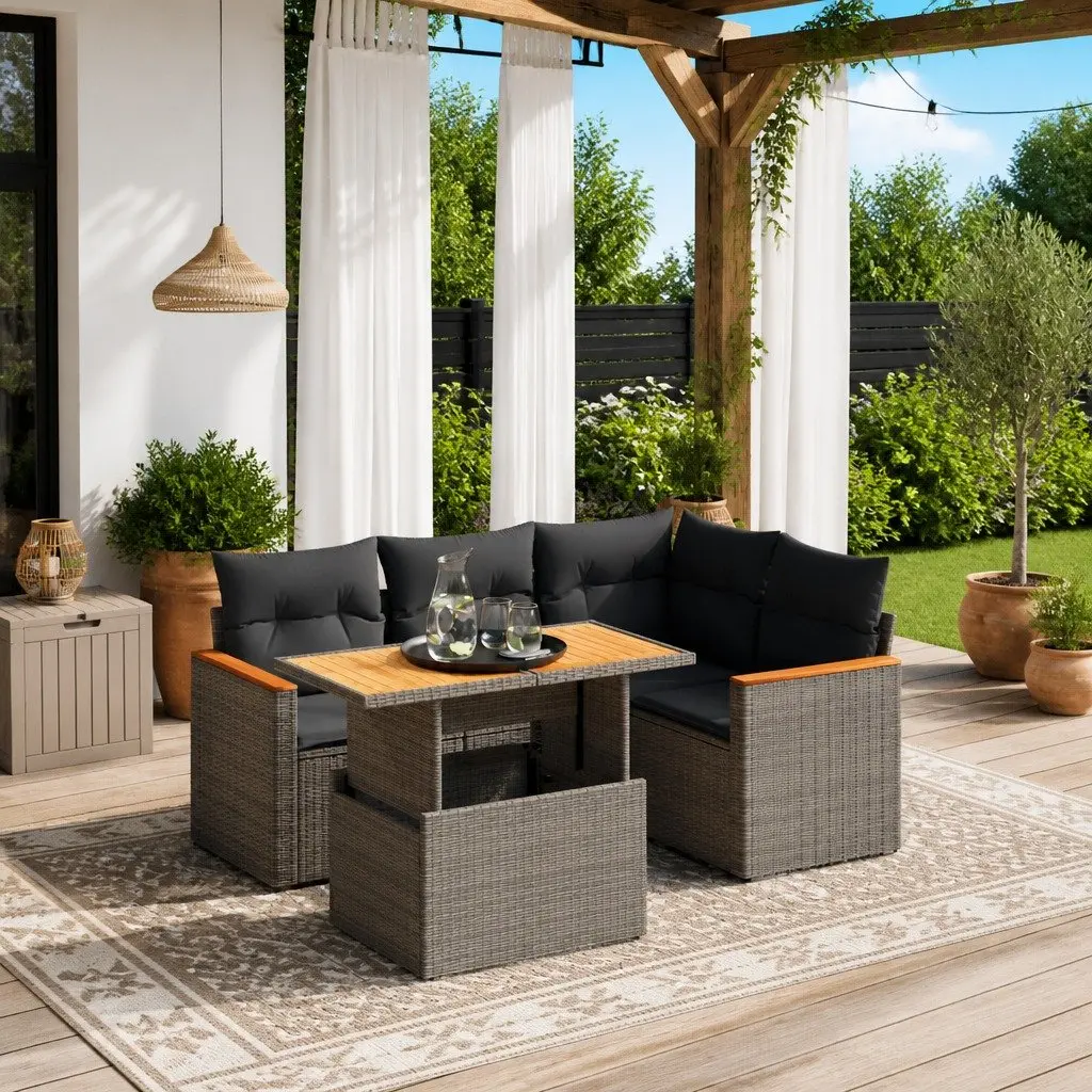 5 Piece Garden Sofa Set Grey Adjustable Table PE Rattan Outdoor Furniture