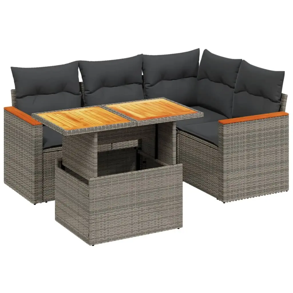 5 Piece Garden Sofa Set Grey Adjustable Table PE Rattan Outdoor Furniture
