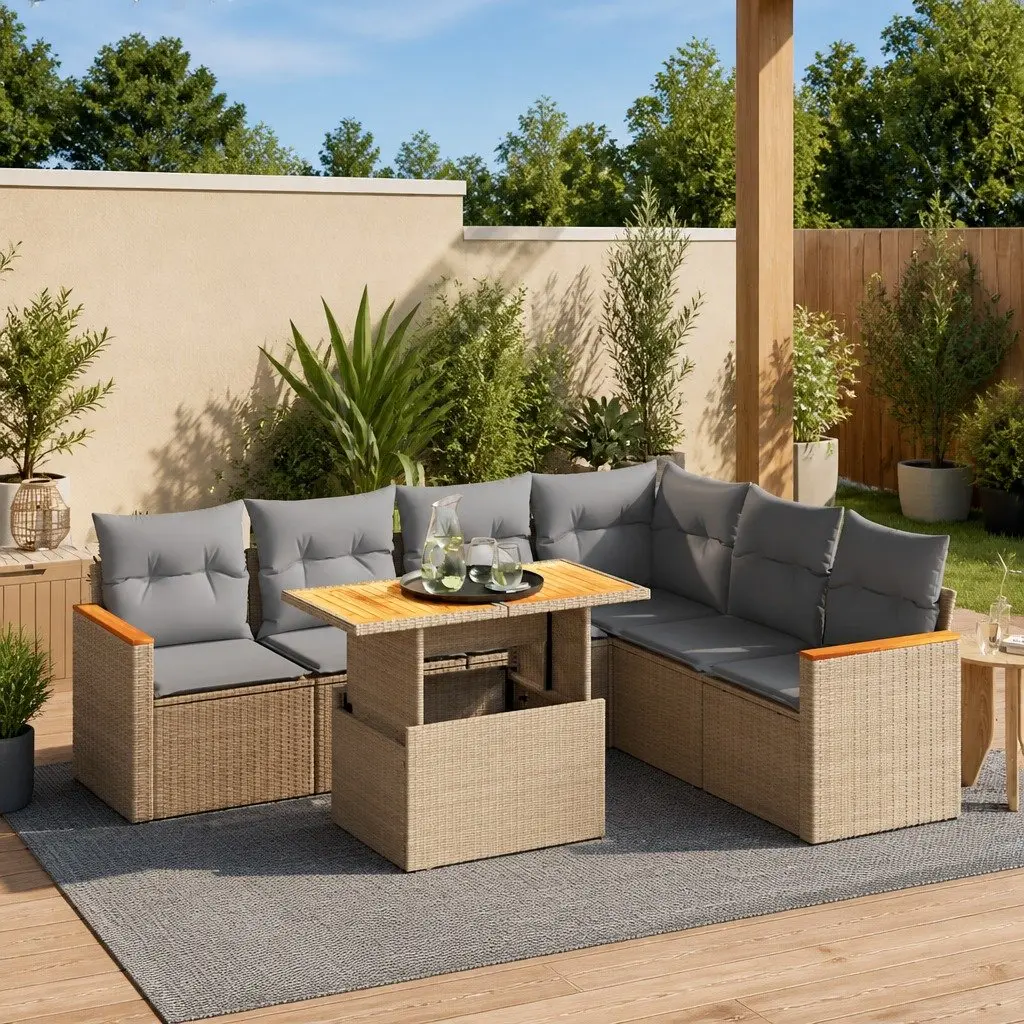 7 Piece Garden Sofa Set Beige Poly Rattan Outdoor Furniture with Cushions