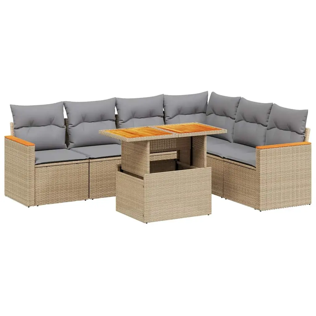 7 Piece Garden Sofa Set Beige Poly Rattan Outdoor Furniture with Cushions