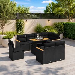 Garden Sofa Set 9 Piece Outdoor Furniture with Cushions Black Poly Rattan