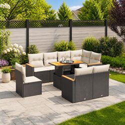 Garden Sofa Set 9 Piece Outdoor Furniture Patio with Cushions Black Poly Rattan