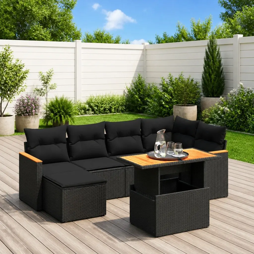 7 Piece Garden Sofa Set Outdoor Furniture with Cushions Black Poly Rattan Patio