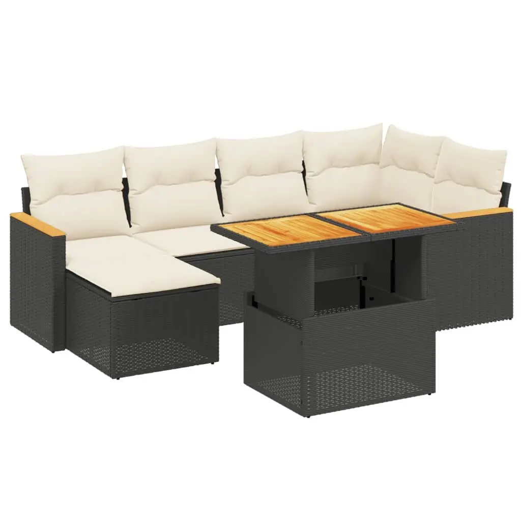 7 Piece Garden Sofa Set Black PE Rattan Adjustable Coffee Dining Table