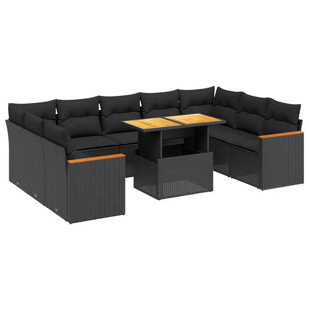 Garden Sofa Set 10 Piece Outdoor Furniture Black Poly Rattan Patio with Cushions