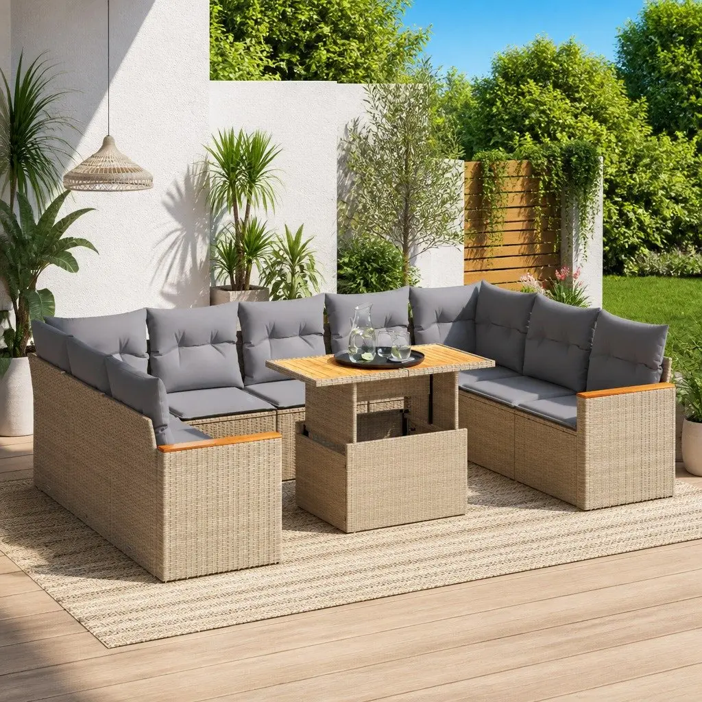Garden Sofa Set 10 Piece Outdoor Furniture Beige Poly Rattan Patio Lounge with